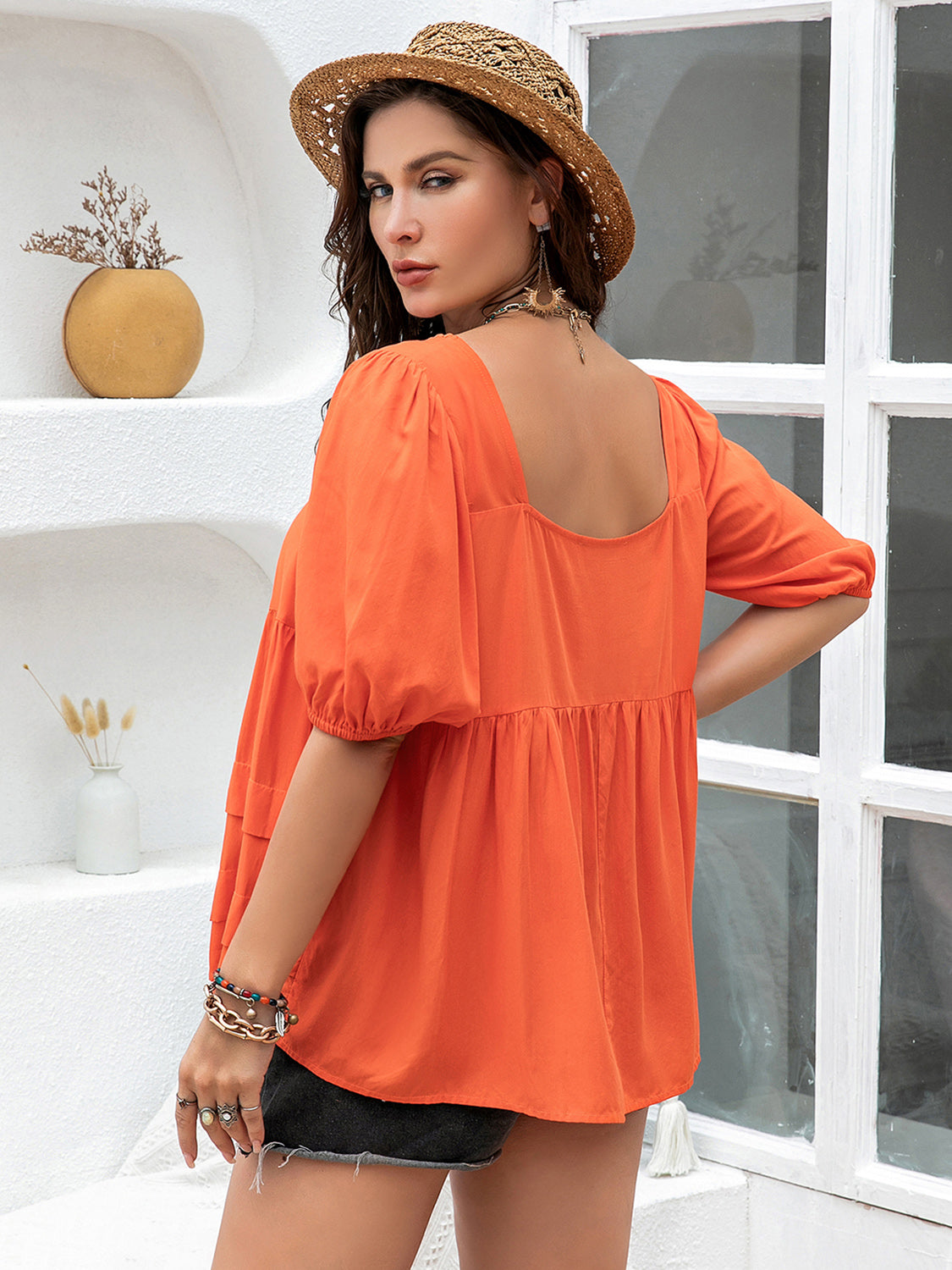 Plus Size Square Neck Half Sleeve Blouse - Charming Charlie