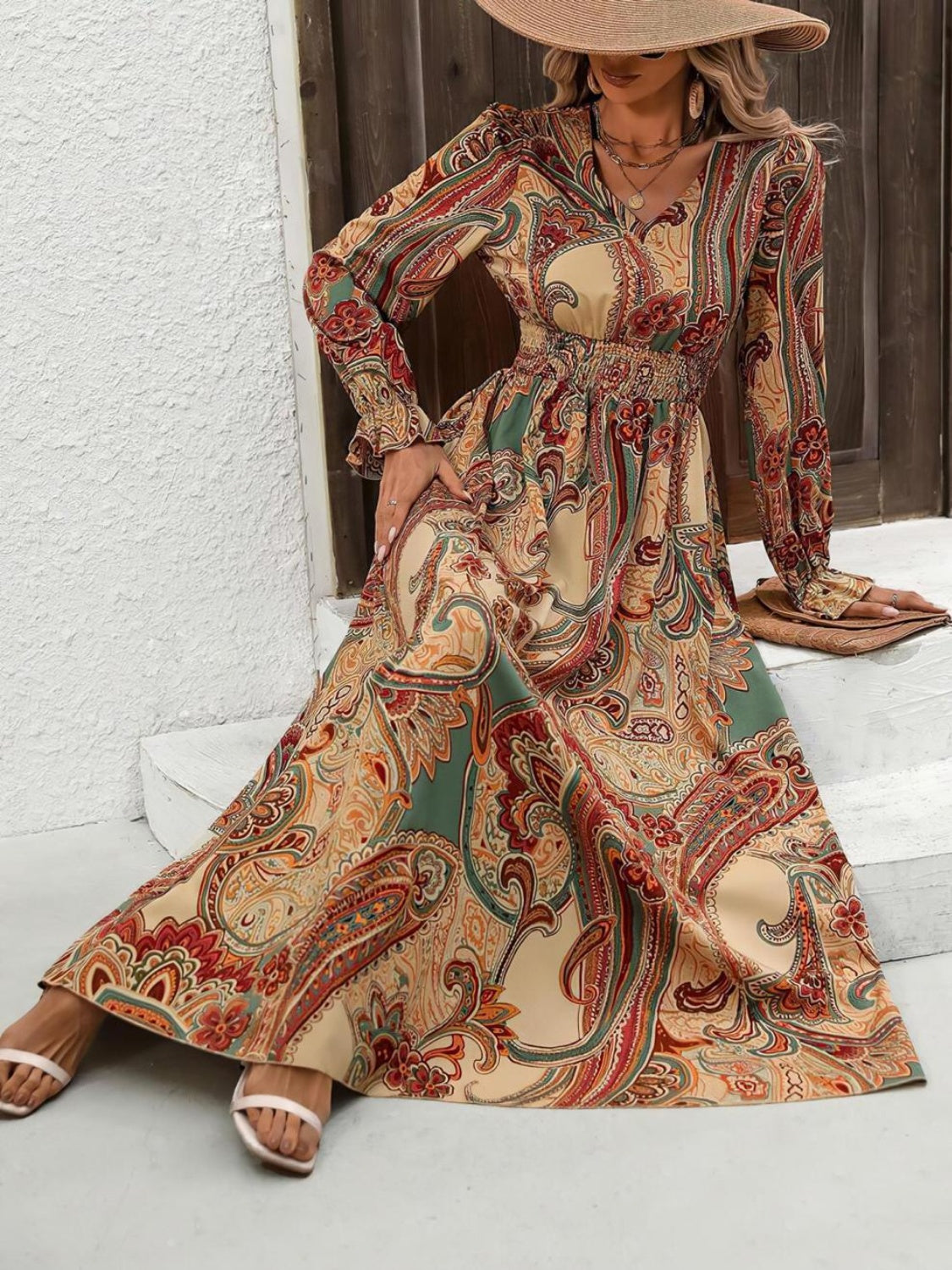 Smocked Printed V-Neck Flounce Sleeve Dress - Charming Charlie