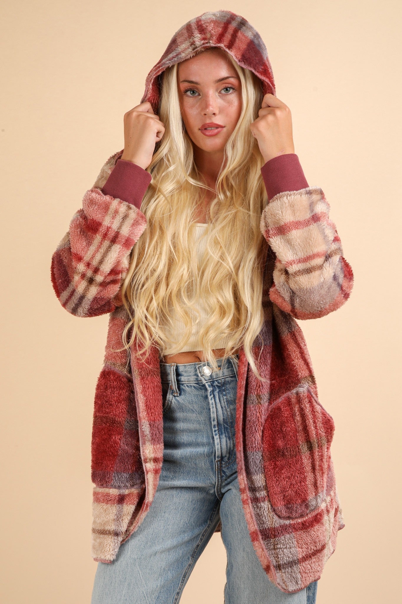 VERY J Fuzzy Plaid Long Sleeve Hooded Jacket - Charming Charlie