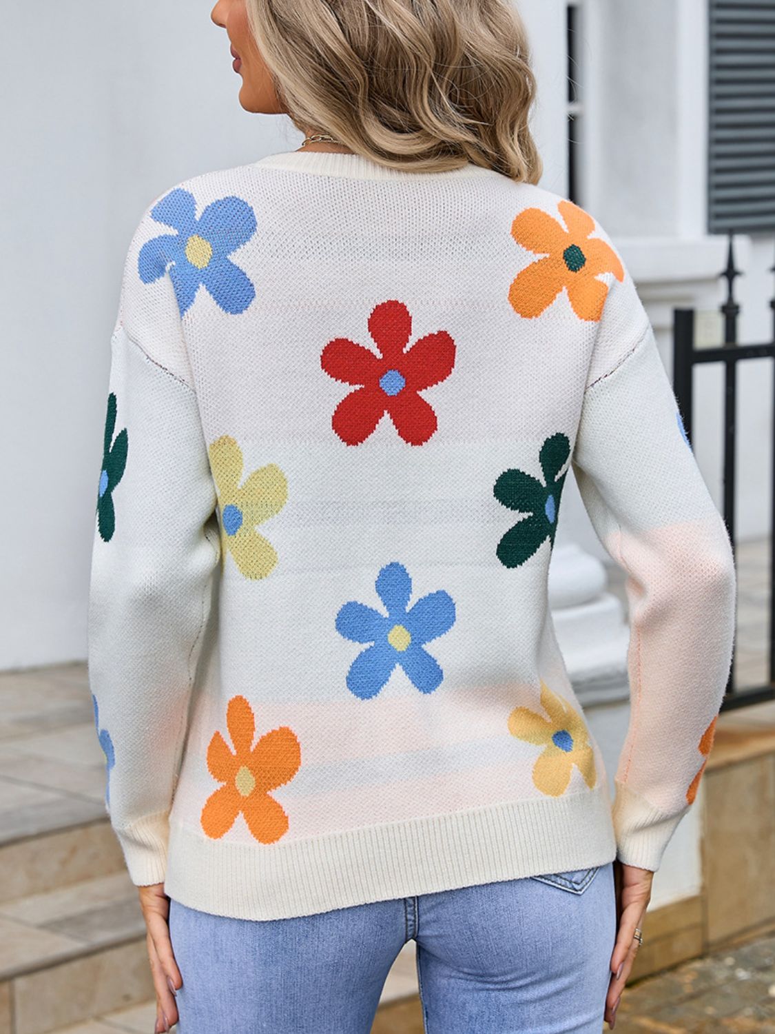 Flower Round Neck Long Sleeve Sweater - Charming Charlie
