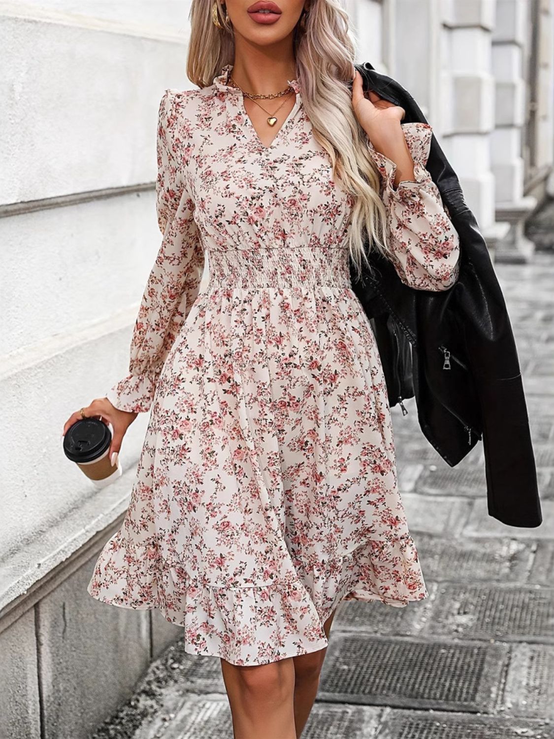 Ruffle Hem Floral Surplice Long Sleeve Dress - Charming Charlie