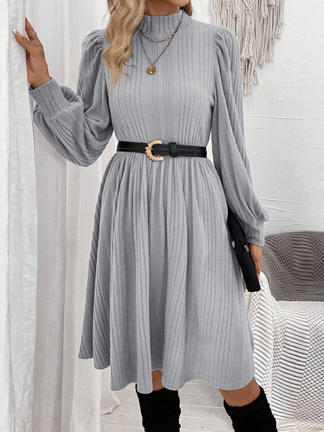 Textured Turtleneck Long Sleeve Dress - Charming Charlie