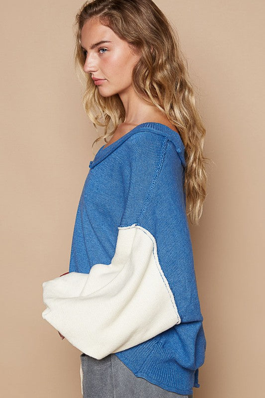 POL Exposed Seam Contrast V-Neck Lantern Sleeve Sweater - Charming Charlie