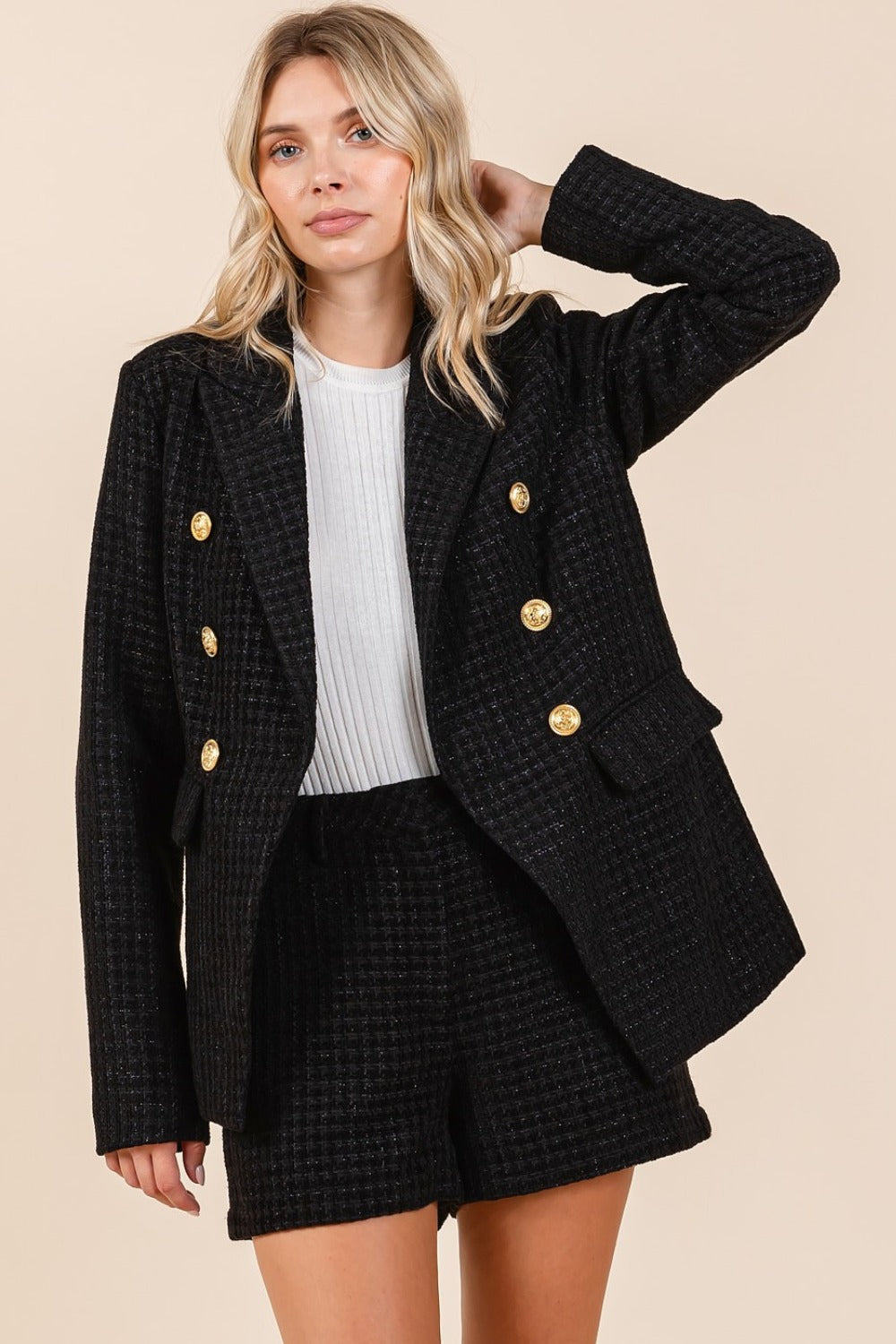 Mittoshop Plaid Texture Double-Breasted Long Sleeve Blazer - Charming Charlie