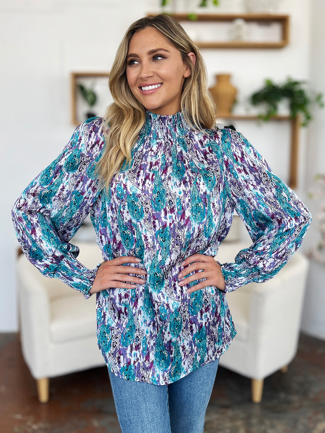 Double Take Full Size Printed Smocked Long Sleeve Blouse - Charming Charlie