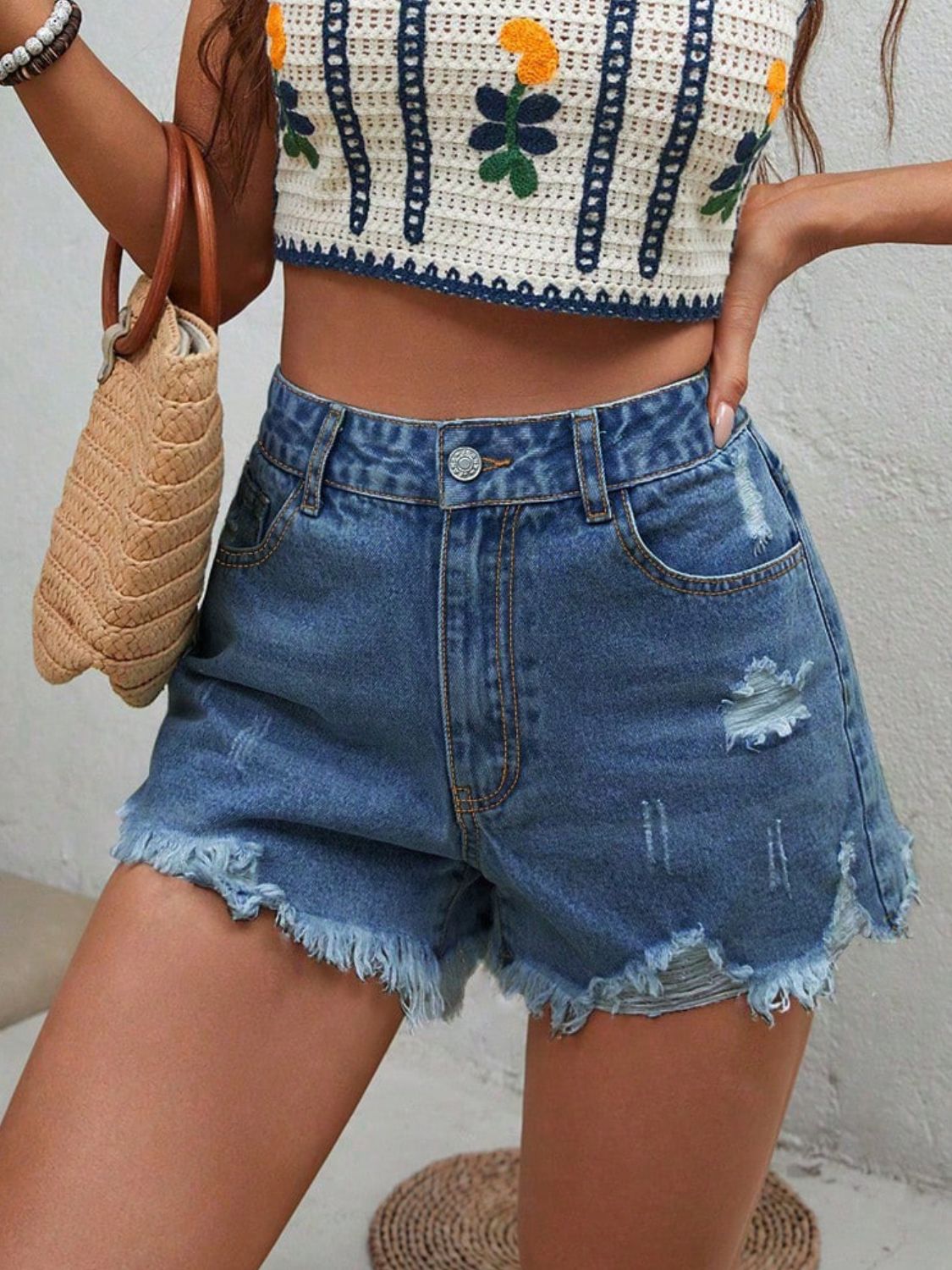 Distressed Raw Hem Denim Shorts - Charming Charlie