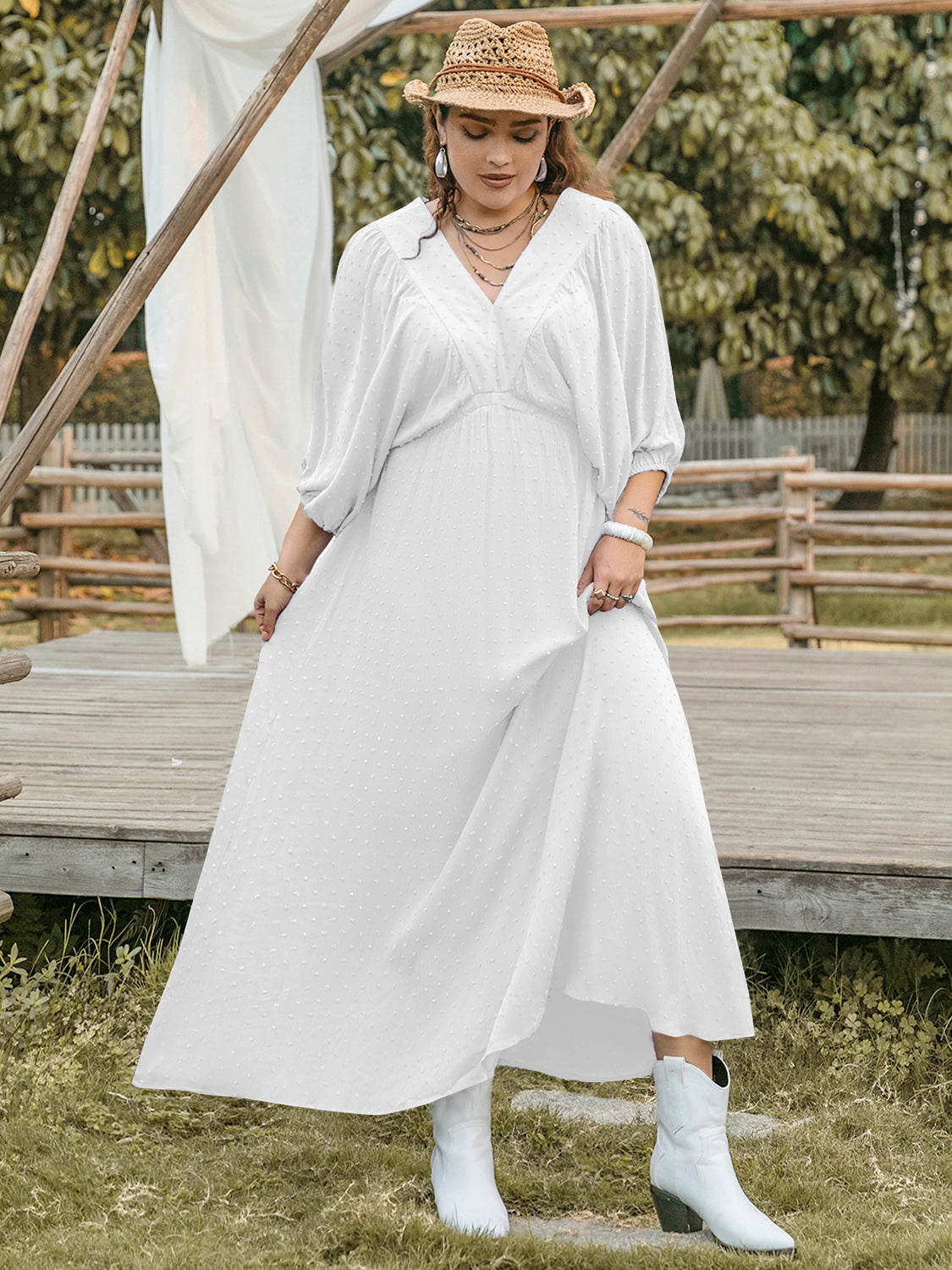 Plus Size Swiss Dot V-Neck Three-Quarter Sleeve Dress - Charming Charlie