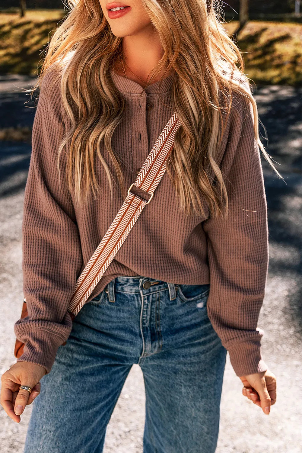 Waffle-Knit Round Neck Long Sleeve Blouse - Charming Charlie