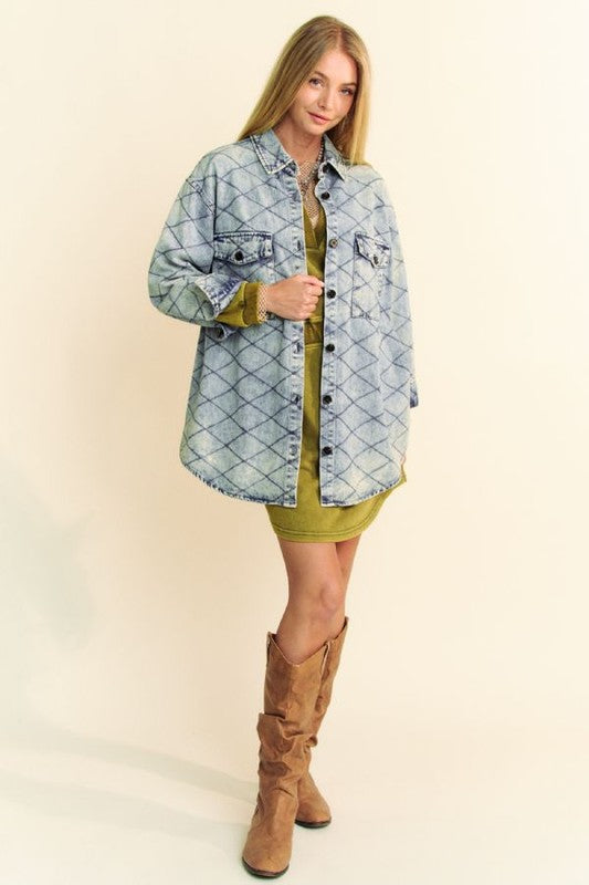 Davi & Dani Curved Hem Diamond Quilted Button Up Denim Shacket - Charming Charlie