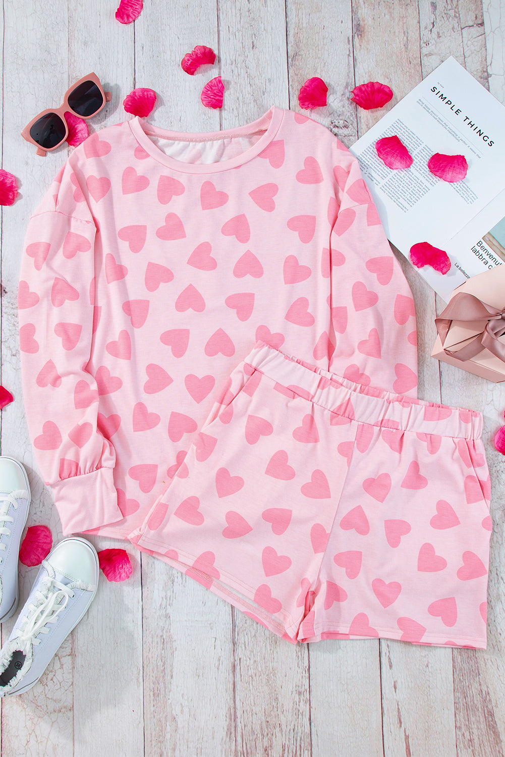 Heart Print Long Sleeve Top and Shorts Lounge Set - Charming Charlie