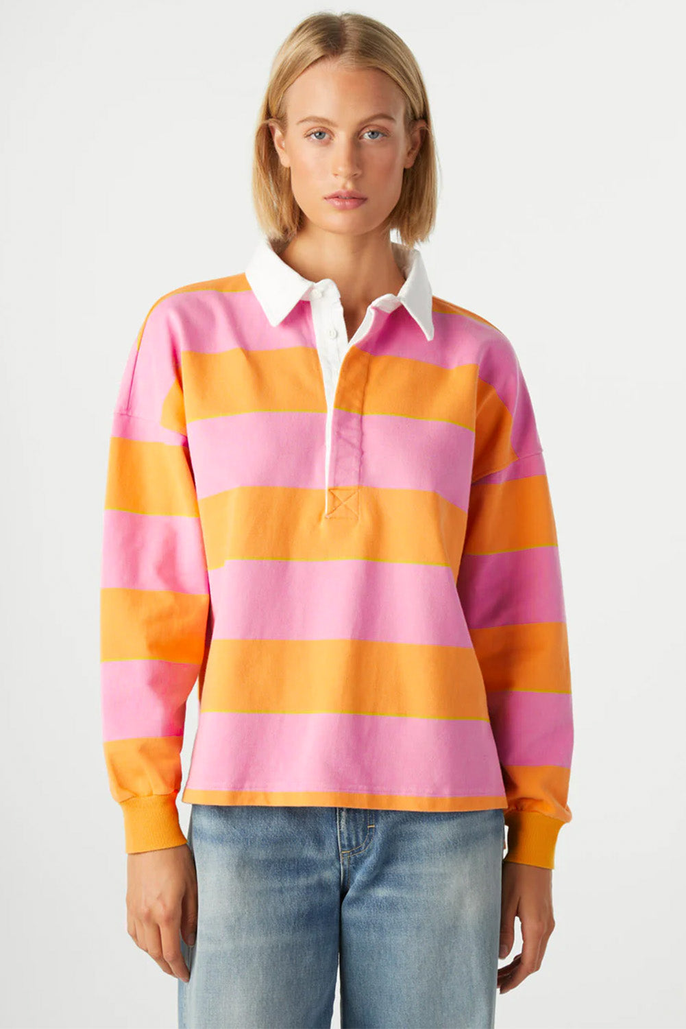 Contrast Striped Collared Neck Long Sleeve Sweatshirt - Charming Charlie