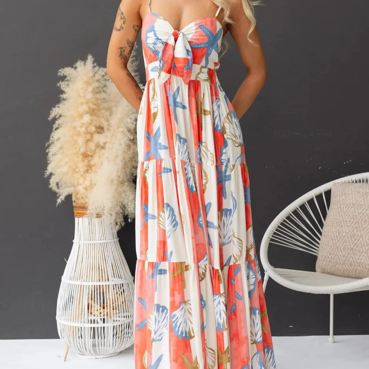 Moxidress Spaghetti Strap Frill Trim Draped Slit Maxi Dress main image 1