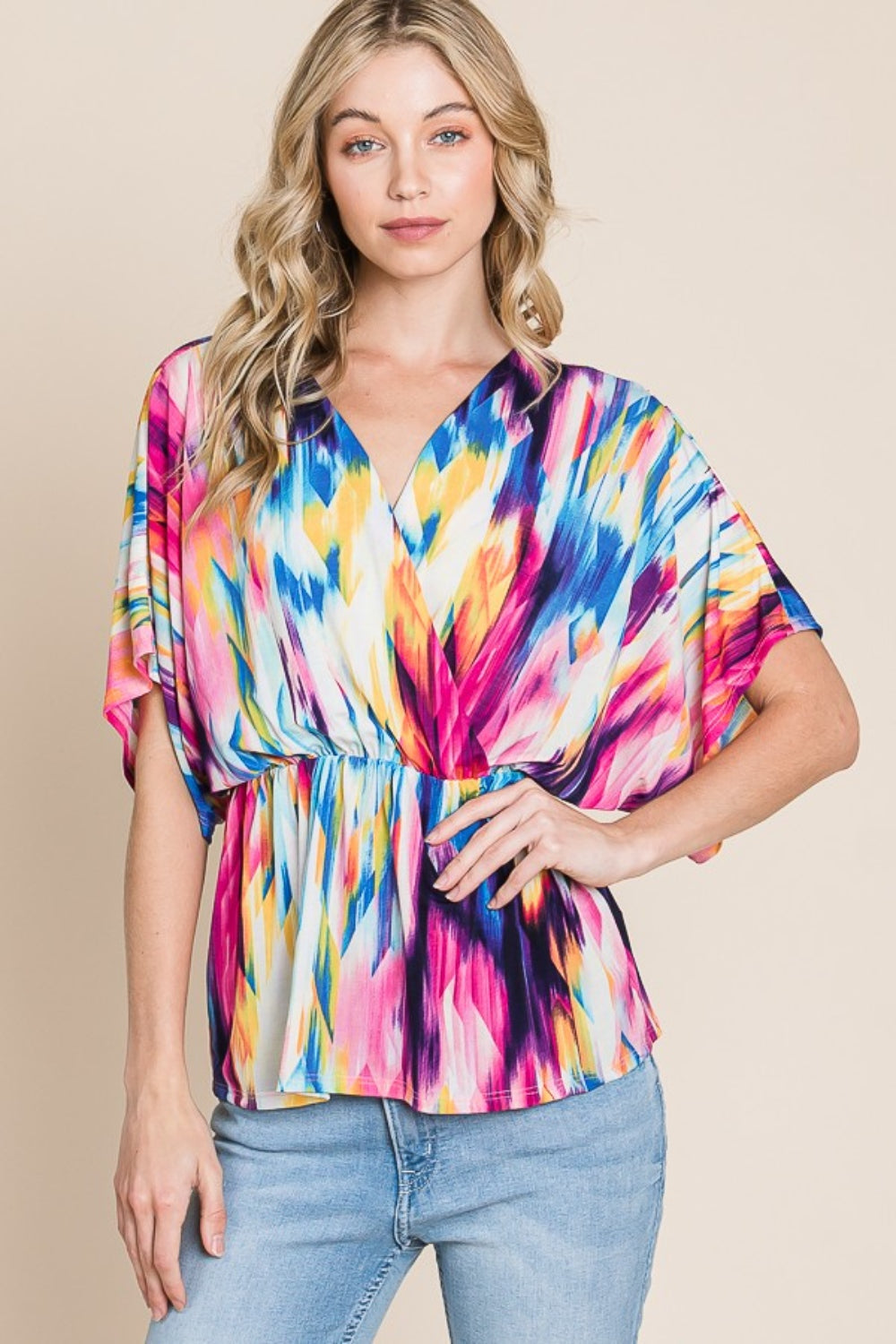 BOMBOM Printed Surplice Peplum Blouse - Charming Charlie