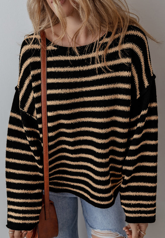 Stripe Drop Shoulder Round Neck Sweater - Charming Charlie