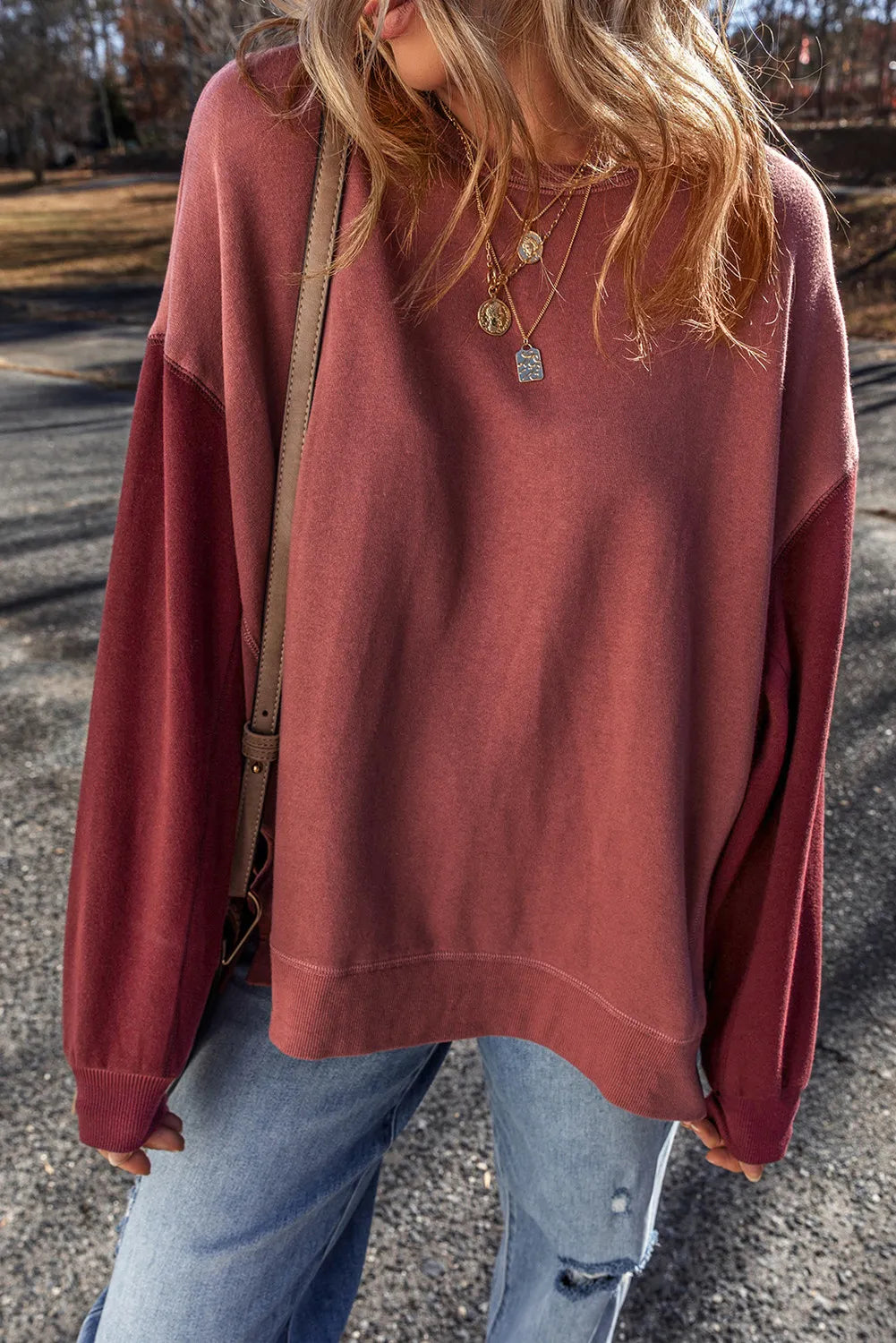 Contrast Round Neck Long Sleeve Sweatshirt - Charming Charlie