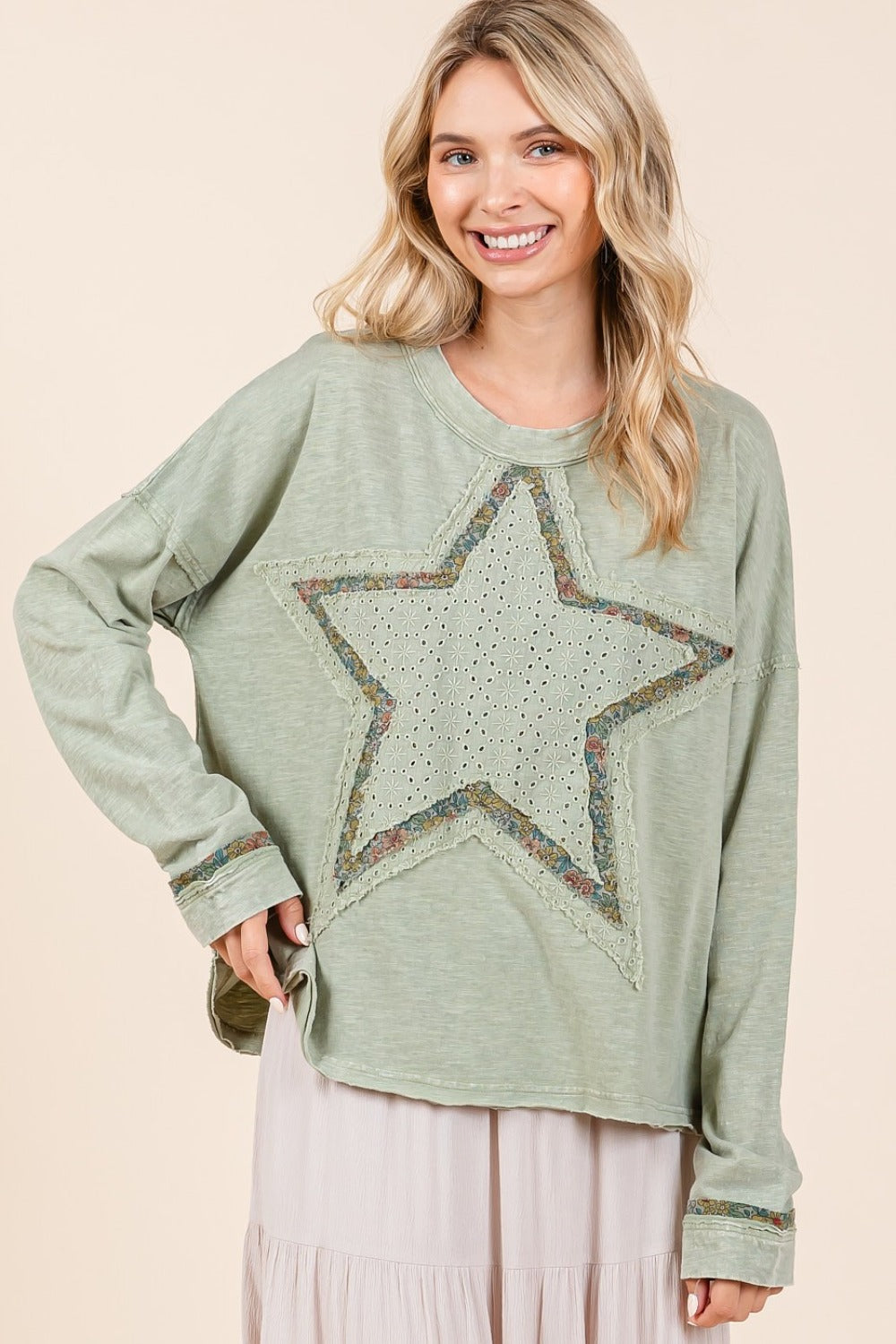 Mittoshop Mineral Wash Star Patch Long Sleeve T-Shirt - Charming Charlie