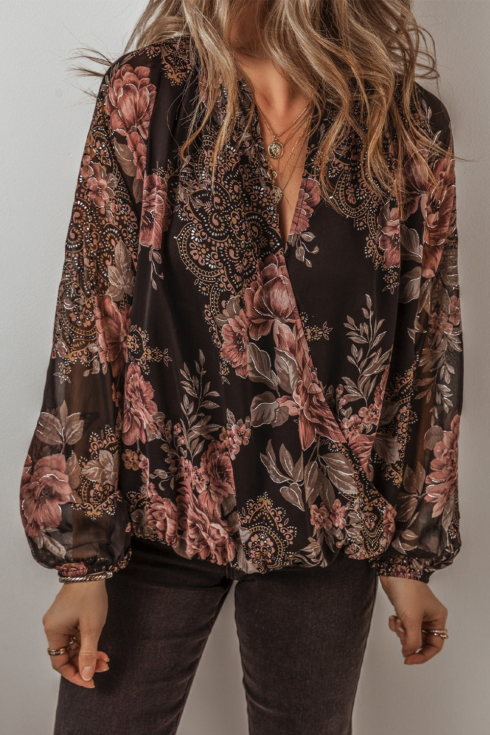Printed Surplice Long Sleeve Blouse - Charming Charlie
