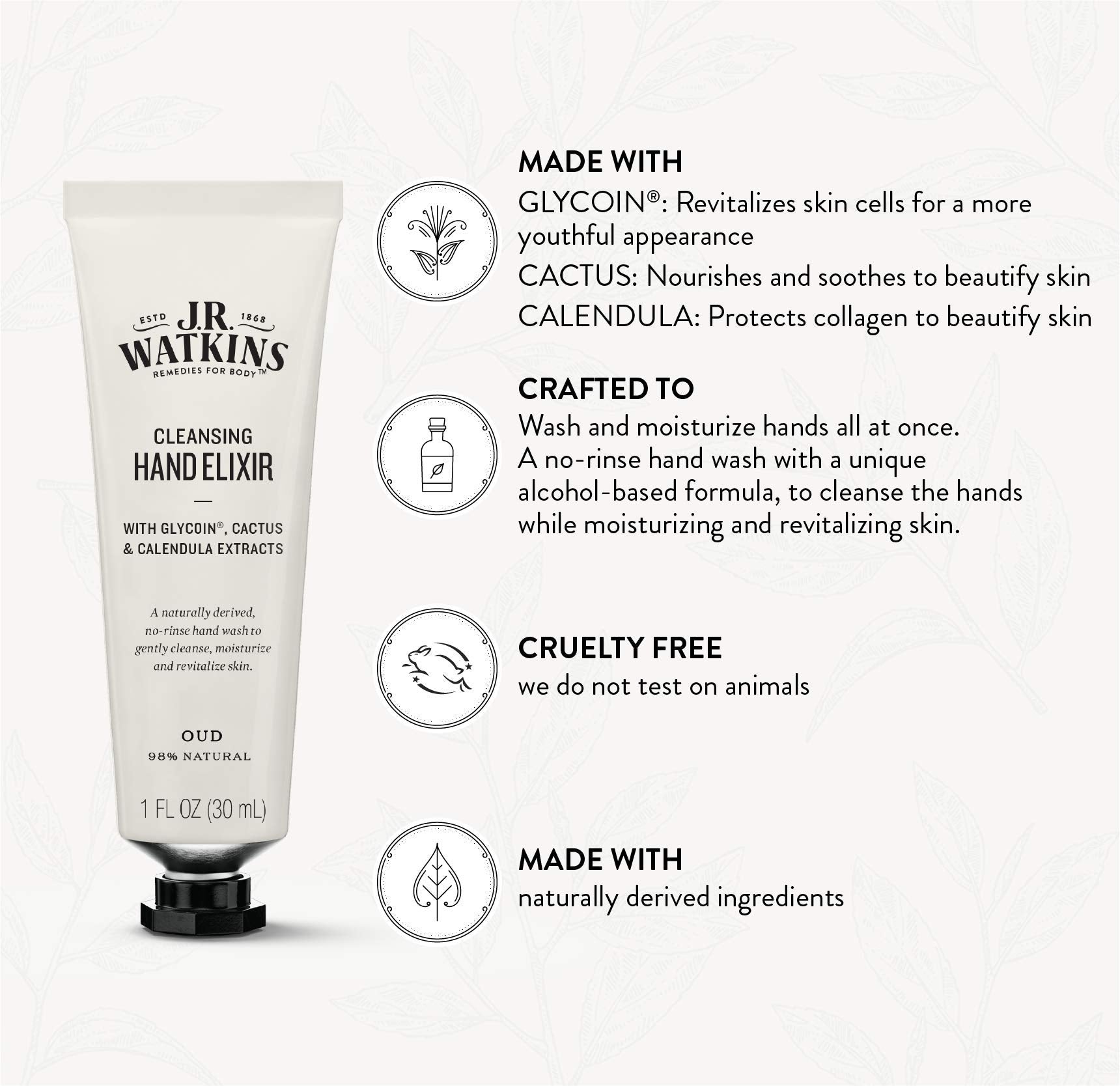 J.R. Watkins Oud Hand Elixir, No Rinse Waterless Cleansing Hand Wash, Convenient 1 oz - Charming Charlie