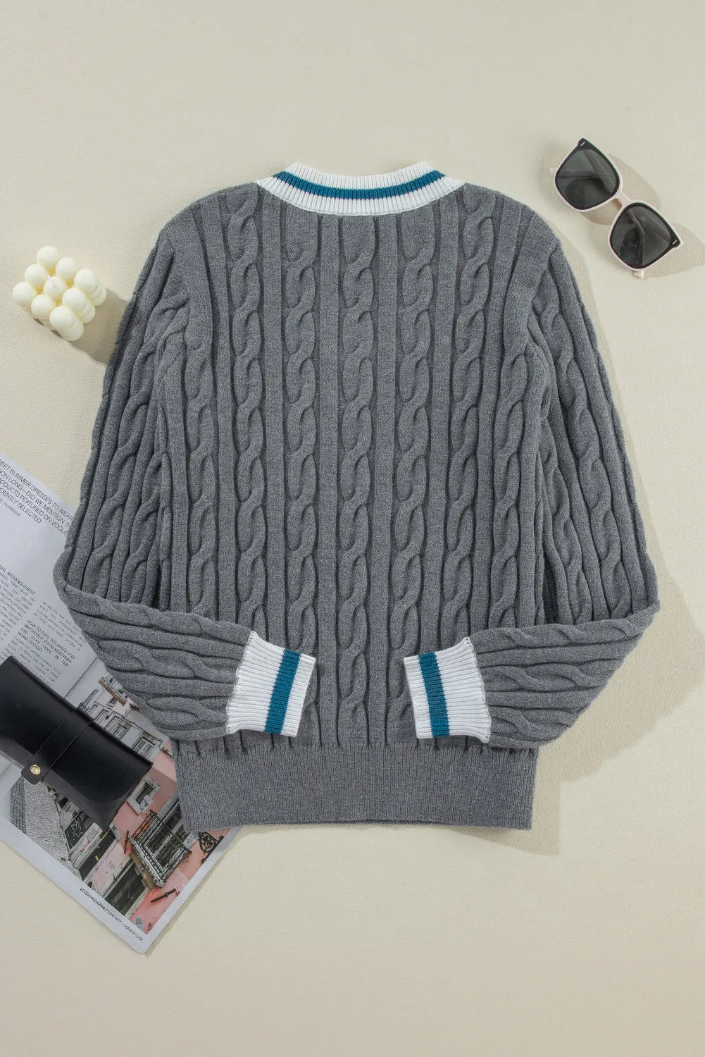 Cable-Knit V-Neck Long Sleeve Sweater - Charming Charlie