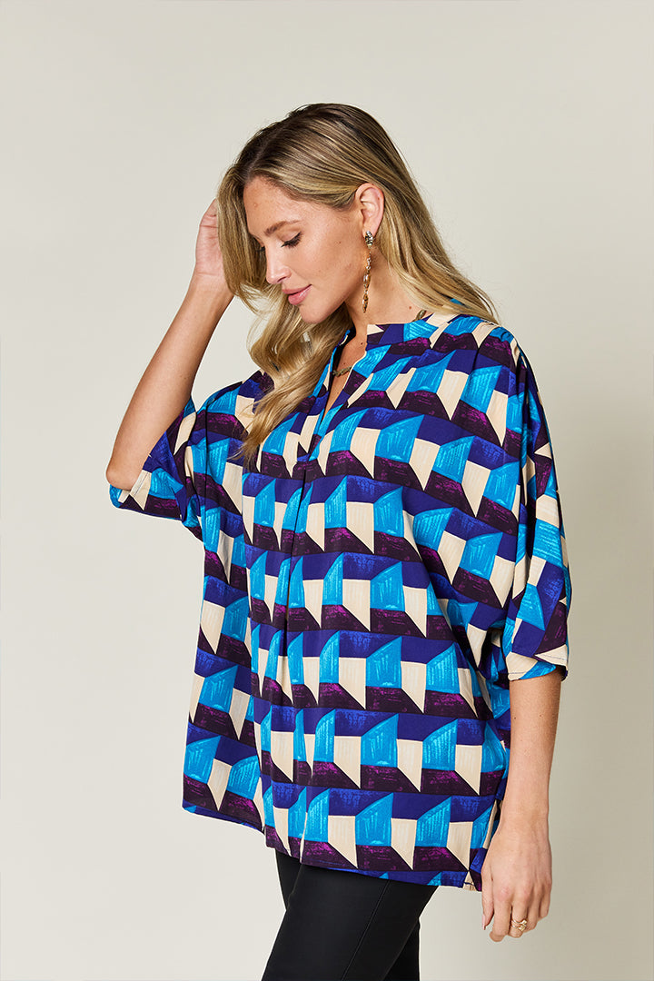 Double Take Full Size Geometric Notched Half Sleeve Blouse - Charming Charlie