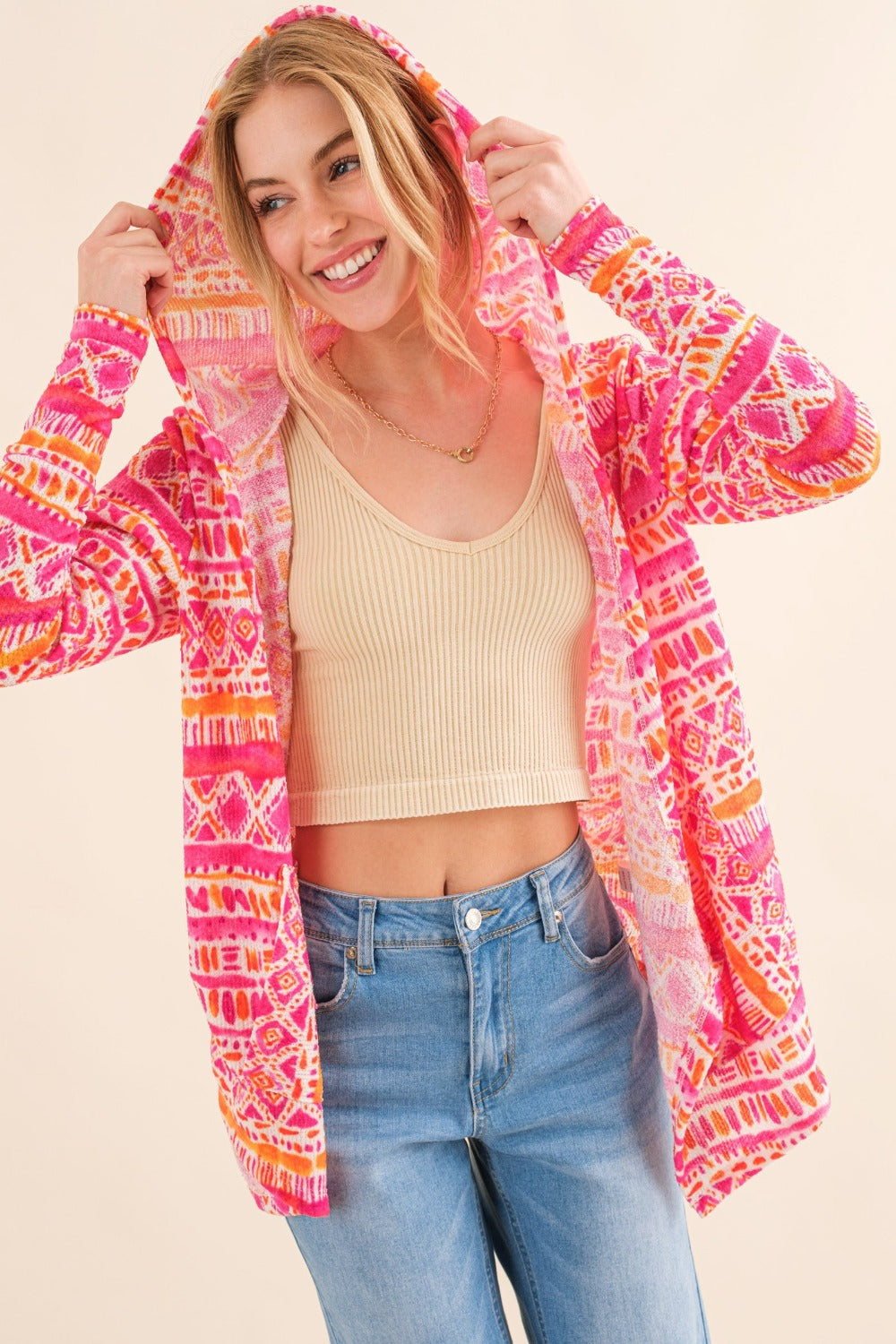 And The Why Full Size Printed Thermal Hooded Open Front Cardigan - Charming Charlie