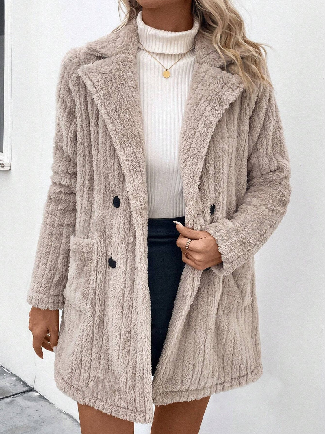 Fuzzy Button Up Long Sleeve Coat with Pockets - Charming Charlie