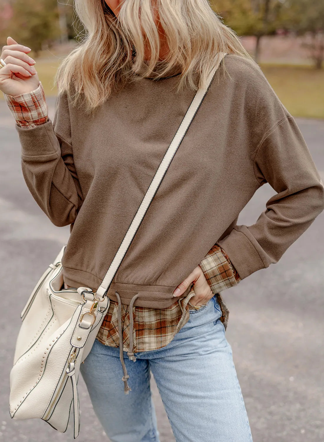 Drawstring Plaid Turtleneck Long Sleeve Top - Charming Charlie
