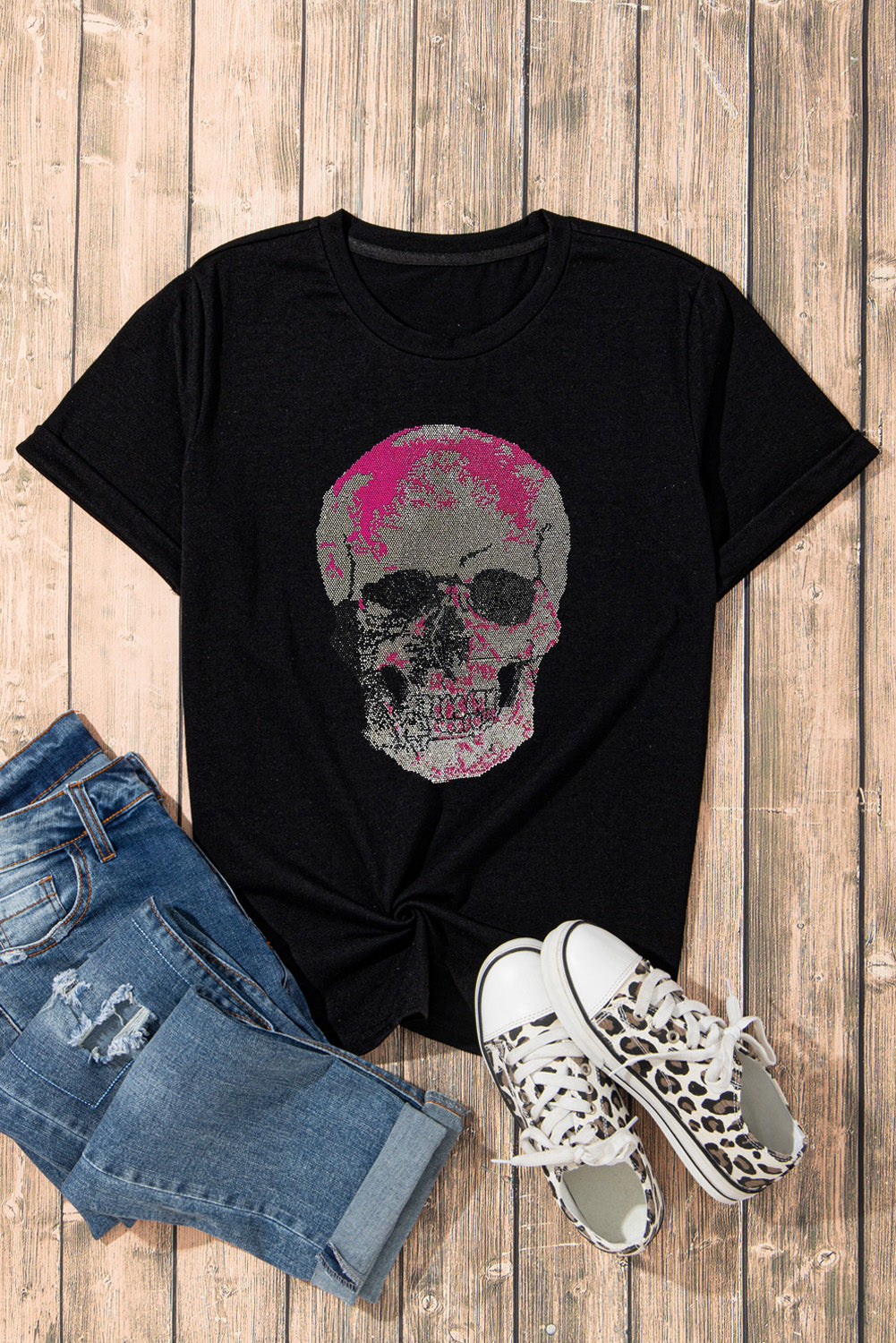 Skull Round Neck Short Sleeve T-Shirt - Charming Charlie
