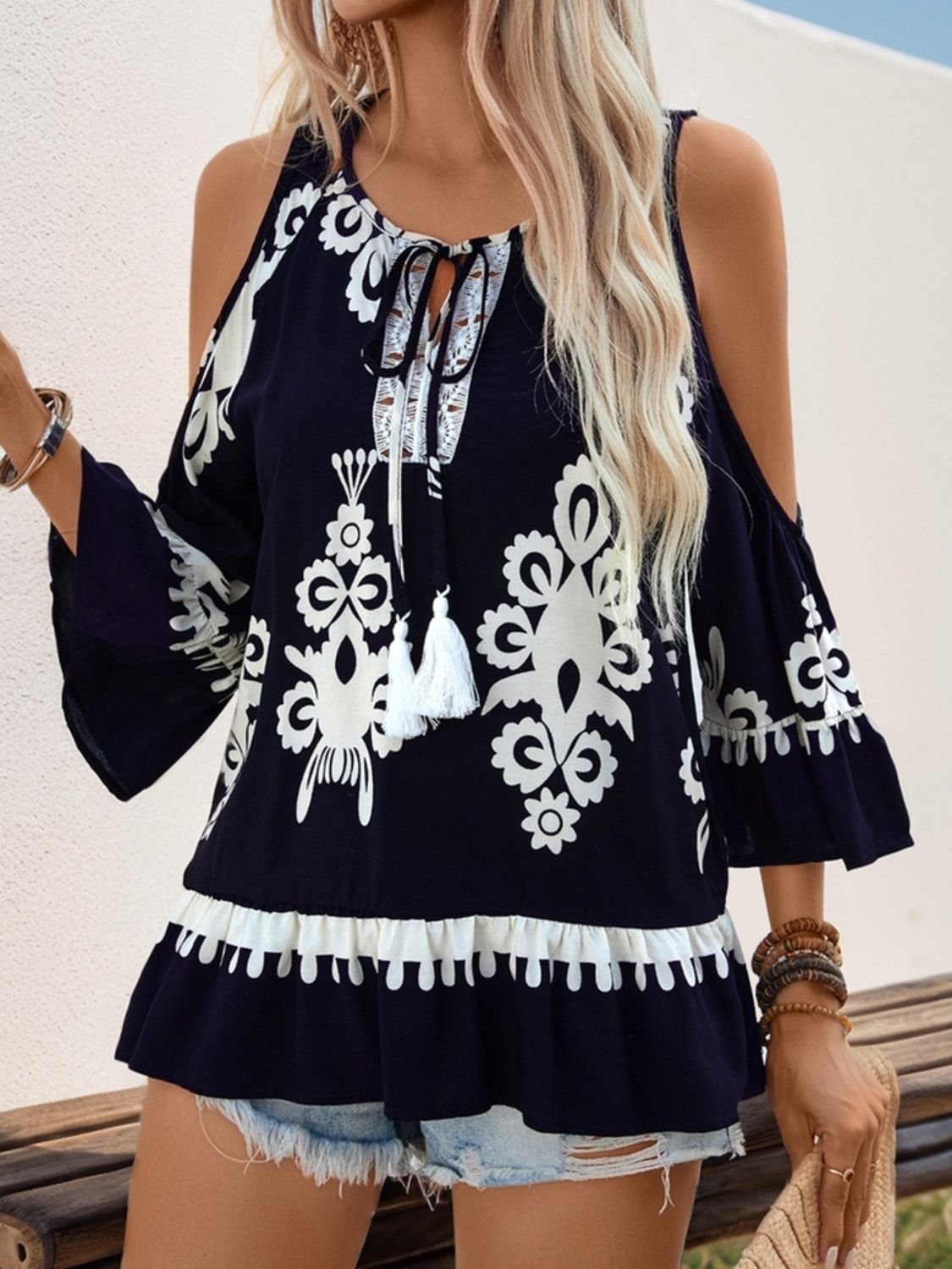 Tassel Printed Tie Neck Cold Shoulder Blouse - Charming Charlie