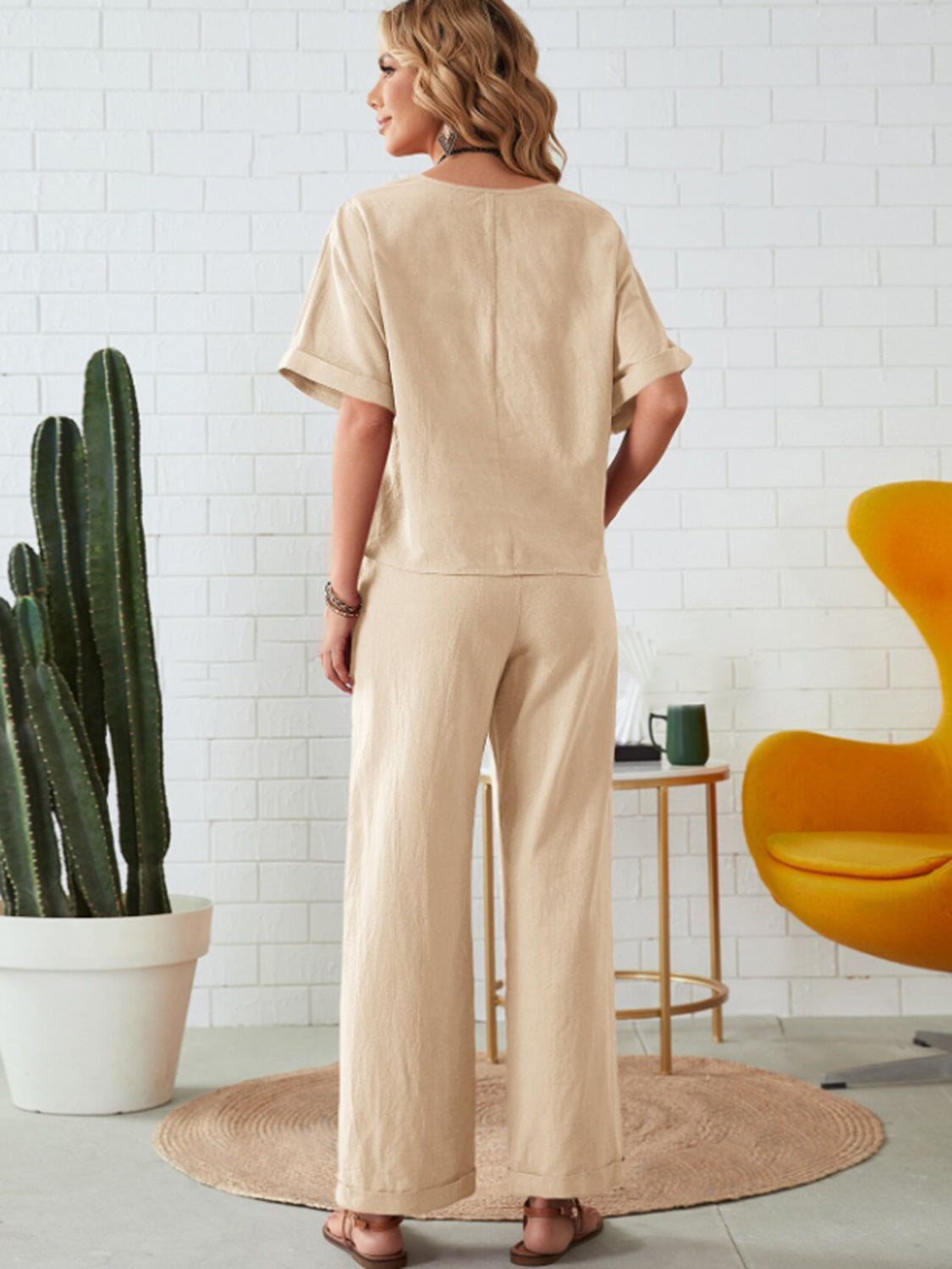 Round Neck Half Sleeve Top and Pocketed Pants Set - Charming Charlie