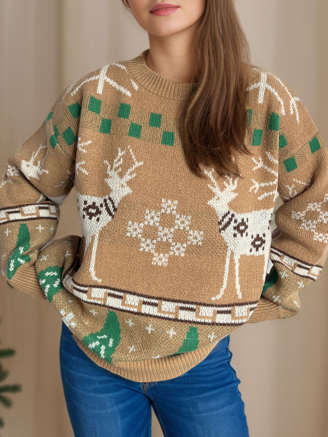 Christmas Element Round Neck Long Sleeve Sweater - Charming Charlie