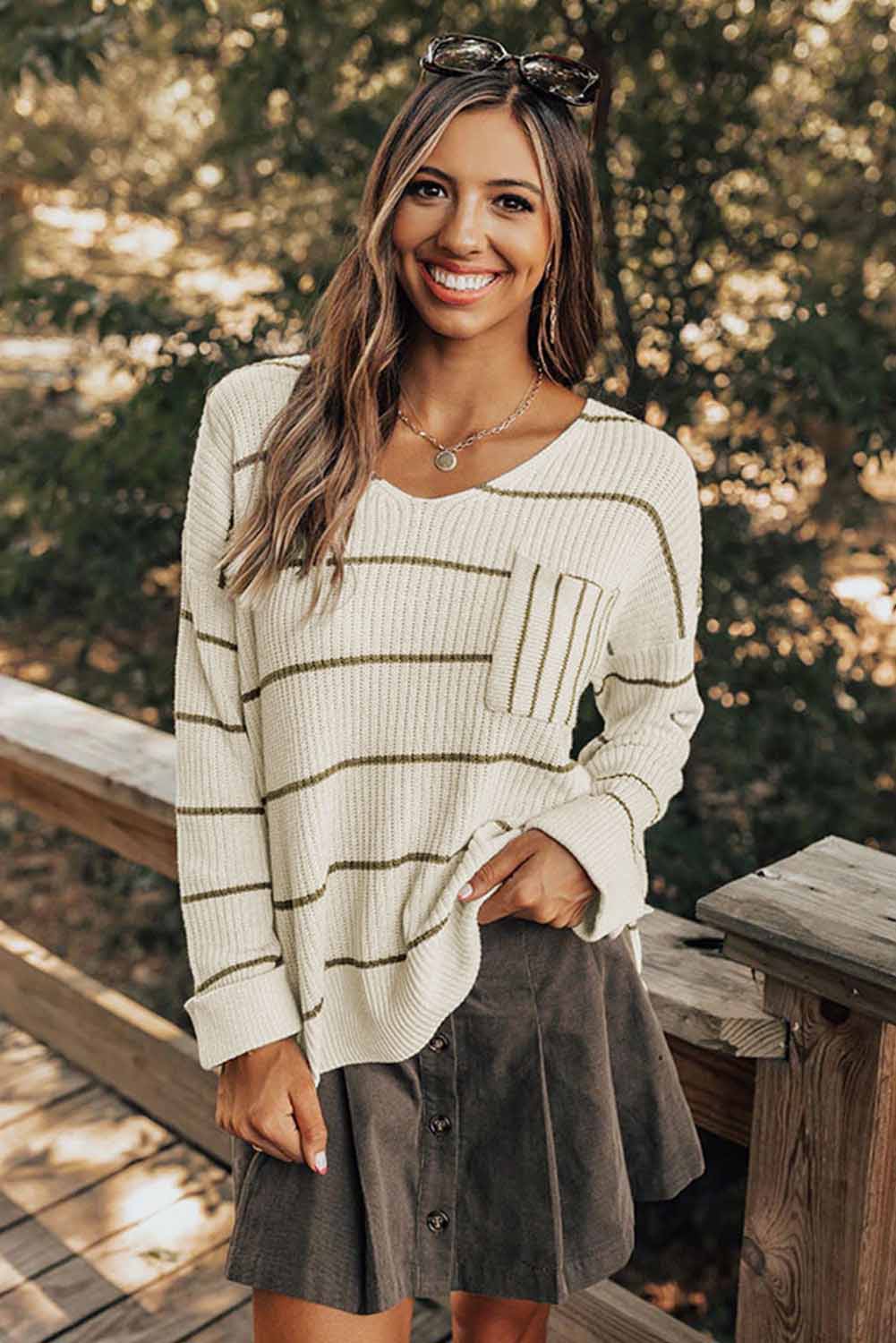 Striped V-Neck Drop Shoulder Sweater - Charming Charlie