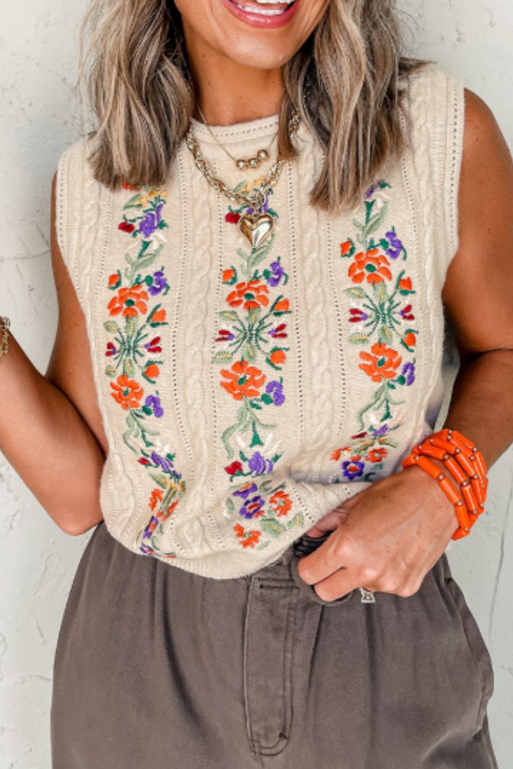 Embroidered Cable-Knit Round Neck Sweater Vest - Charming Charlie