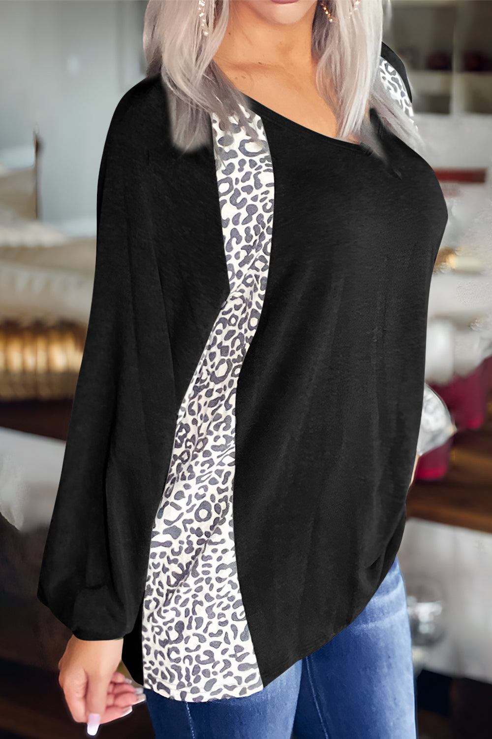 Full Size Leopard V-Neck Long Sleeve T-Shirt - Charming Charlie