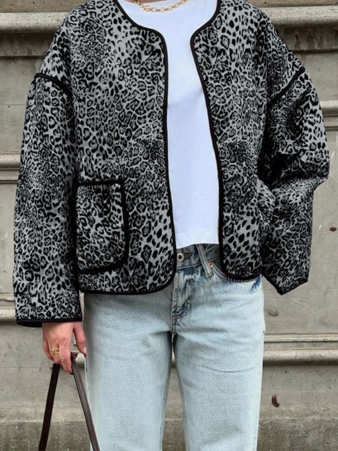 Perfee Leopard Open Front Long Sleeve Jacket - Charming Charlie