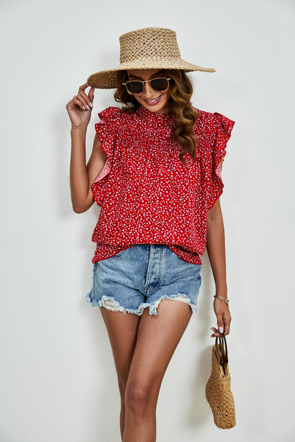 Ruffled Ditsy Floral Mock Neck Cap Sleeve Blouse - Charming Charlie