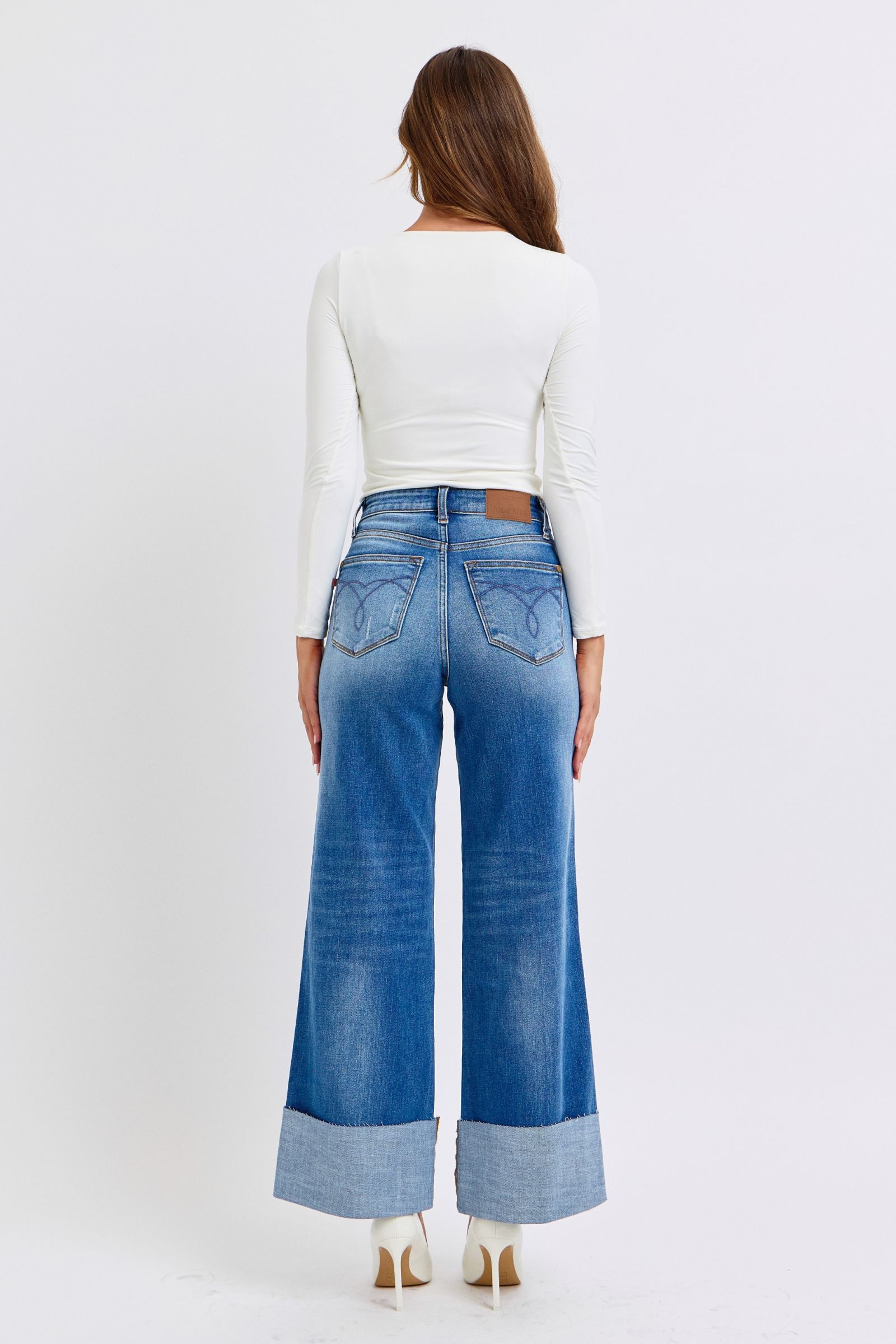 Judy Blue Full Size Distressed High Waist Wide Leg Jeans - Charming Charlie