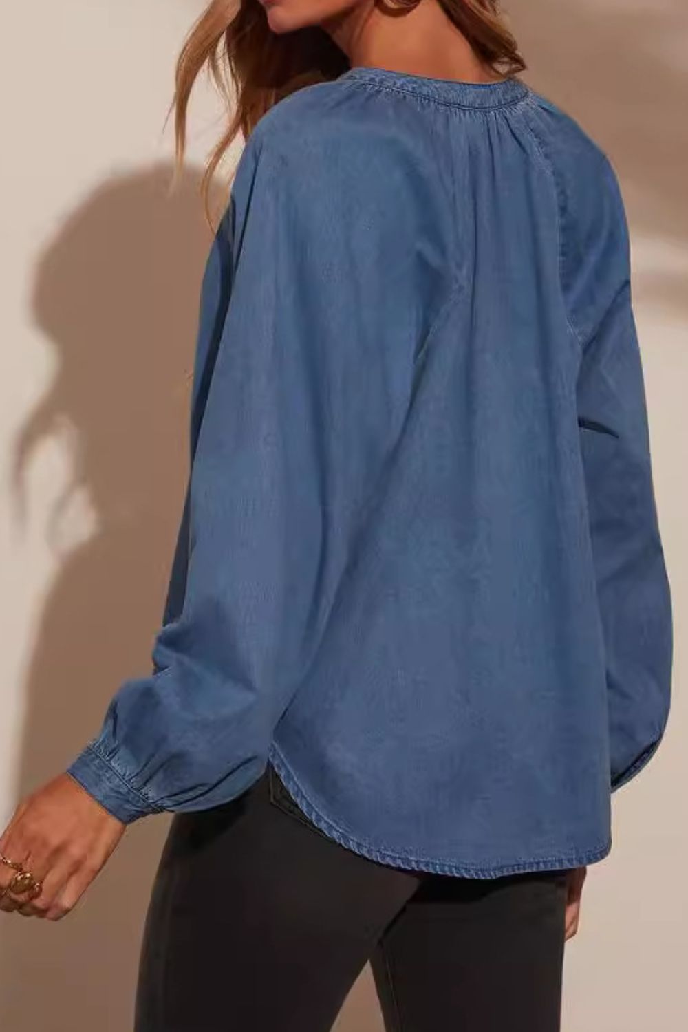 Plunge Button Up Long Sleeve Denim Top - Charming Charlie