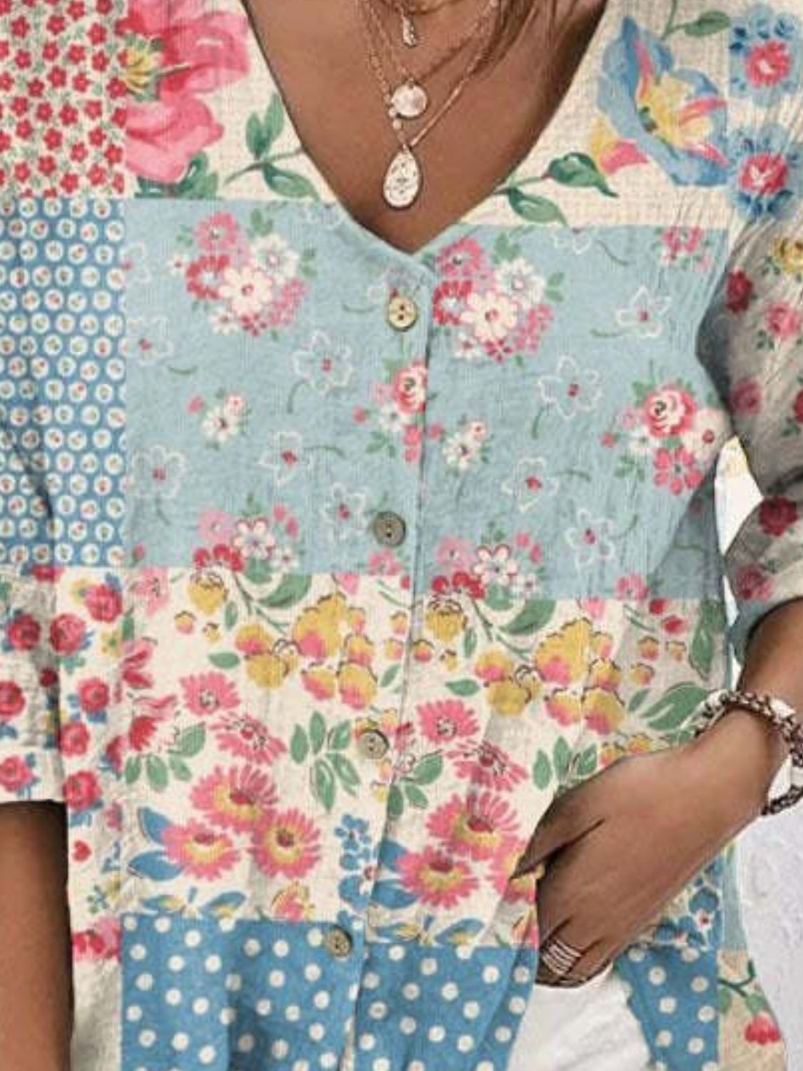 Full Size Printed V-Neck Blouse - Charming Charlie