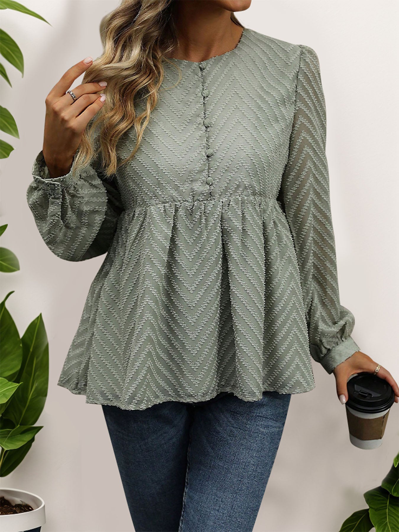 Peplum Round Neck Long Sleeve Blouse - Charming Charlie