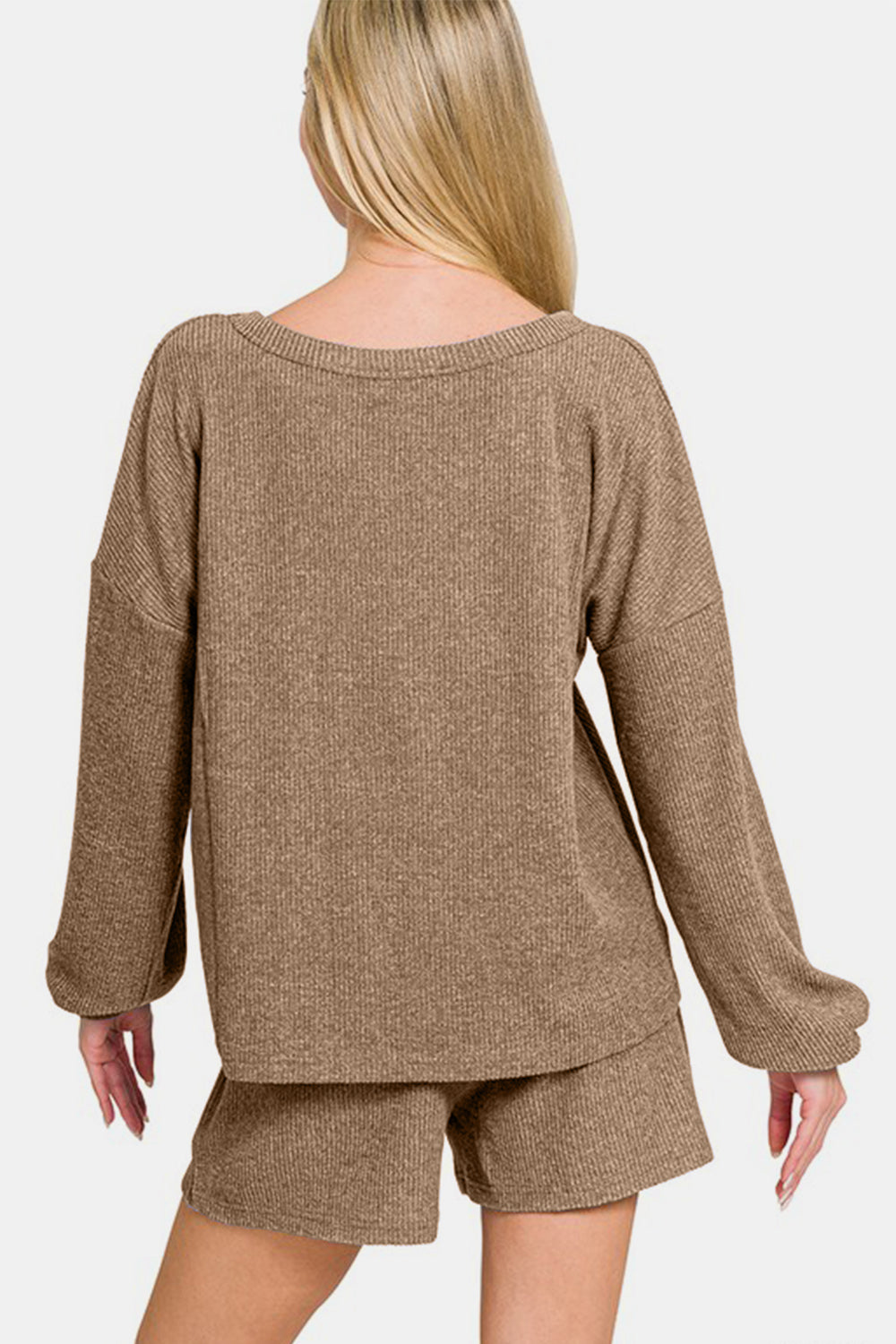 Zenana V-Neck Long Sleeve Ribbed Top and Shorts Set - Charming Charlie