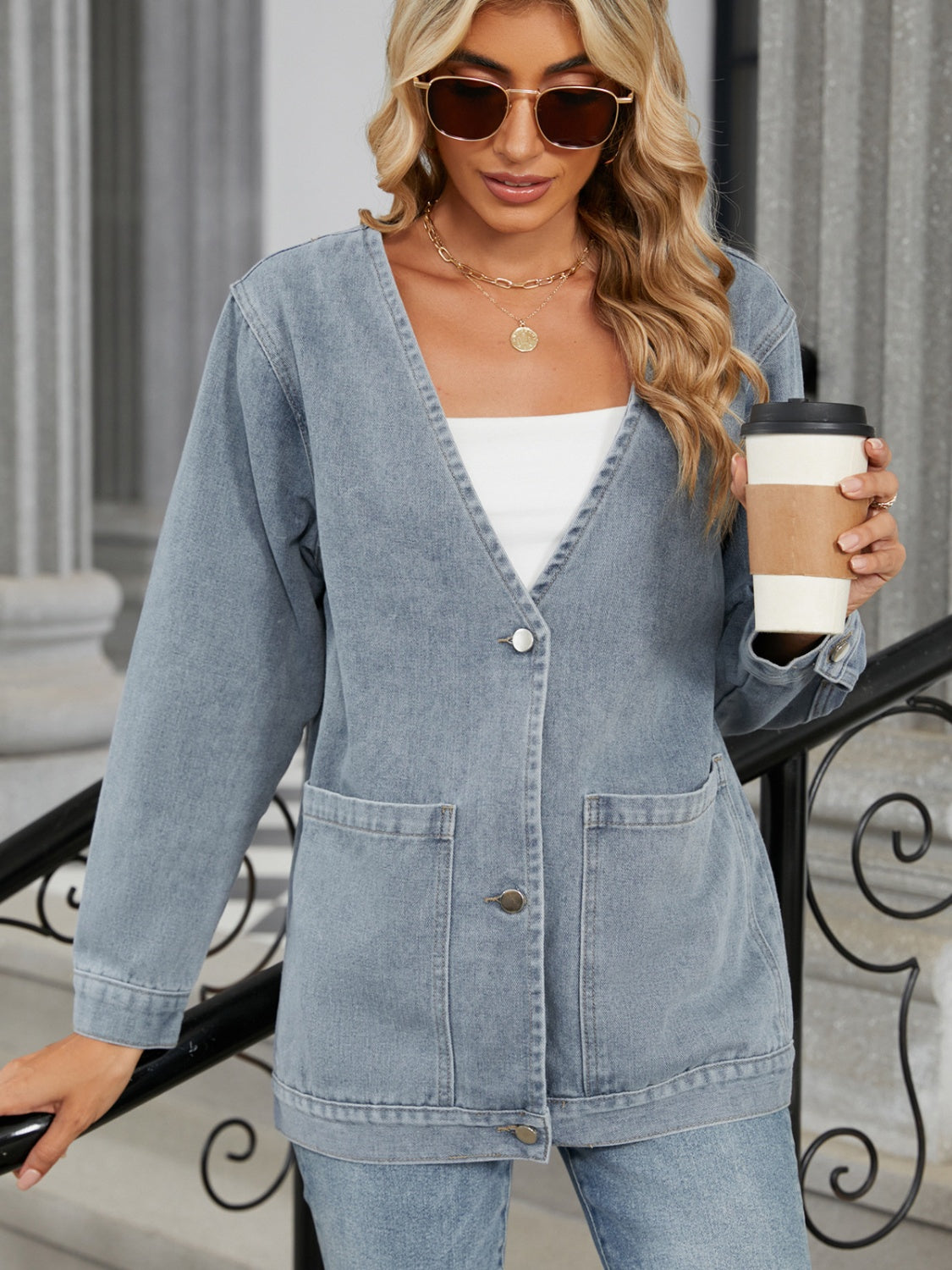 Pocketed V-Neck Button Up Denim Jacket - Charming Charlie