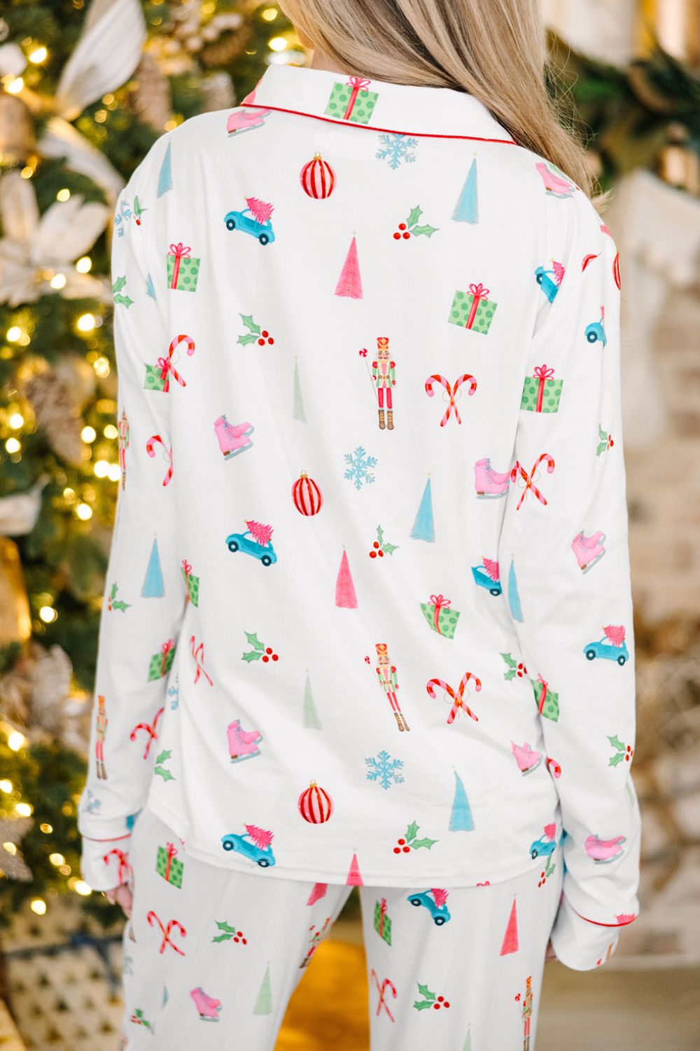 Christmas Printed Collared Neck Top and Pants Lounge Set - Charming Charlie