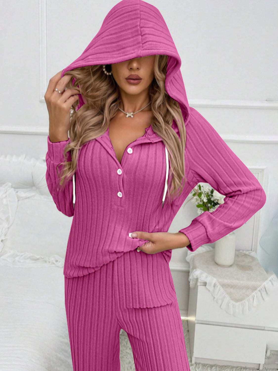Drawstring Half Button Hooded Top and Ribbed Pants Set - Charming Charlie