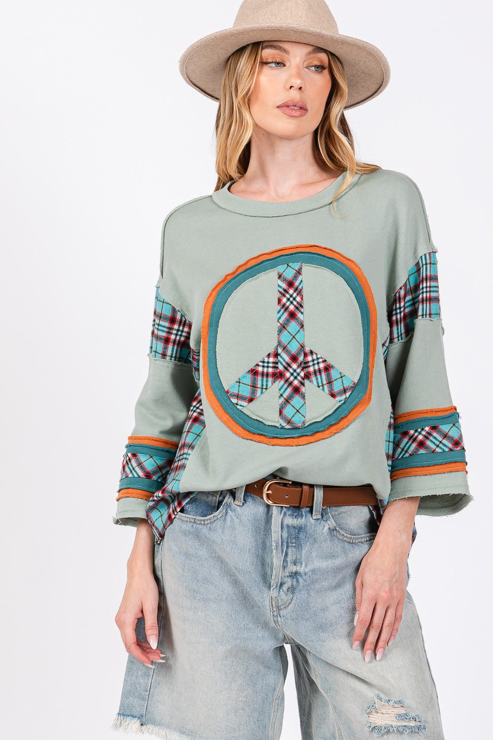 SAGE + FIG Peace Applique Patch Contrast Plaid Top - Charming Charlie