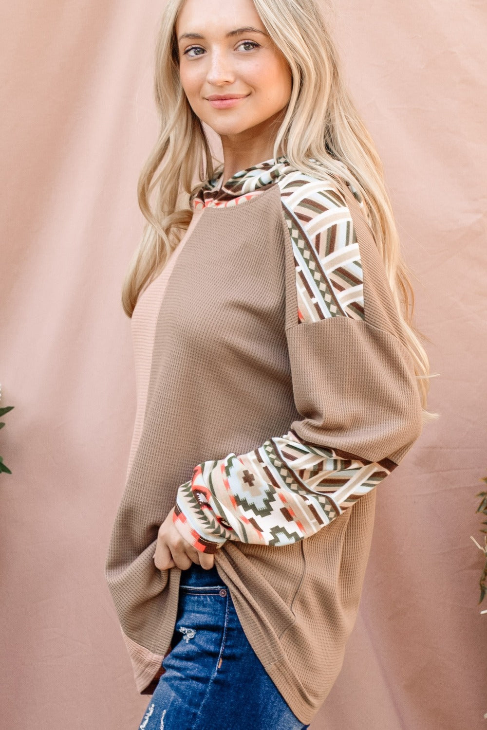 And The Why Printed Color Block Hooded Waffle Top - Charming Charlie