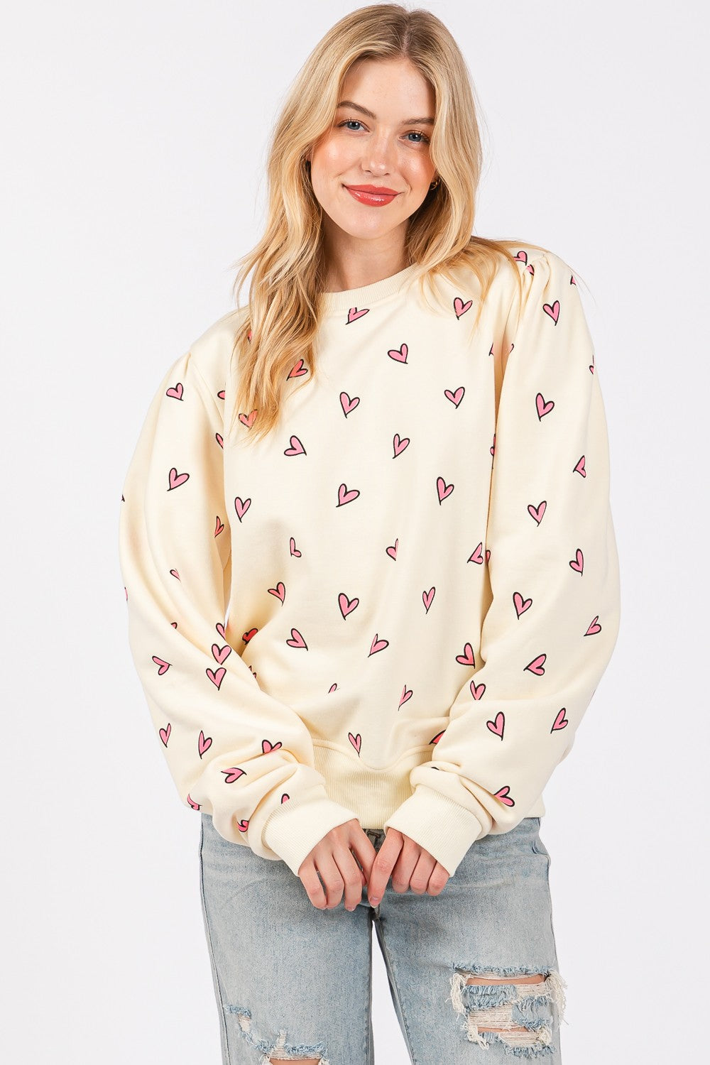 SAGE + FIG Heart Printed Contrast Long Sleeve Sweatshirt - Charming Charlie