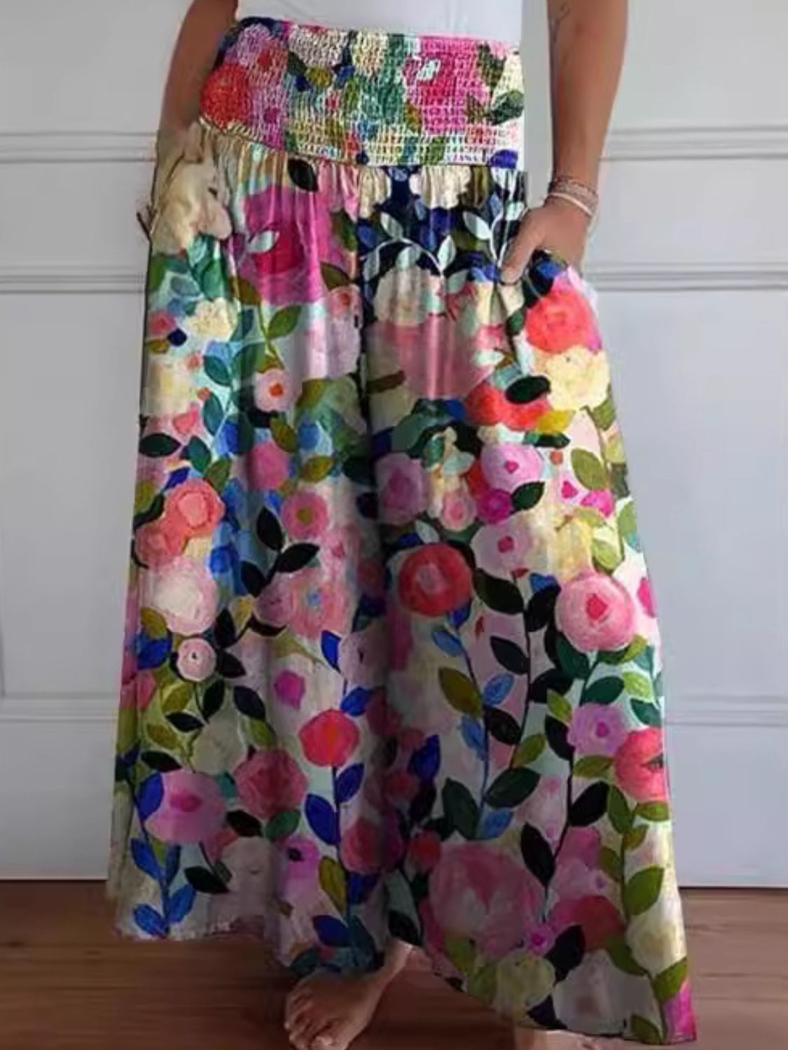 Full Size Smocked Wide Leg Pants with Pockets - Charming Charlie