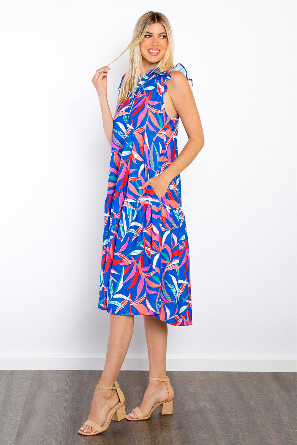 Be Stage Print Ruffled Midi Dress with Pockets - Charming Charlie