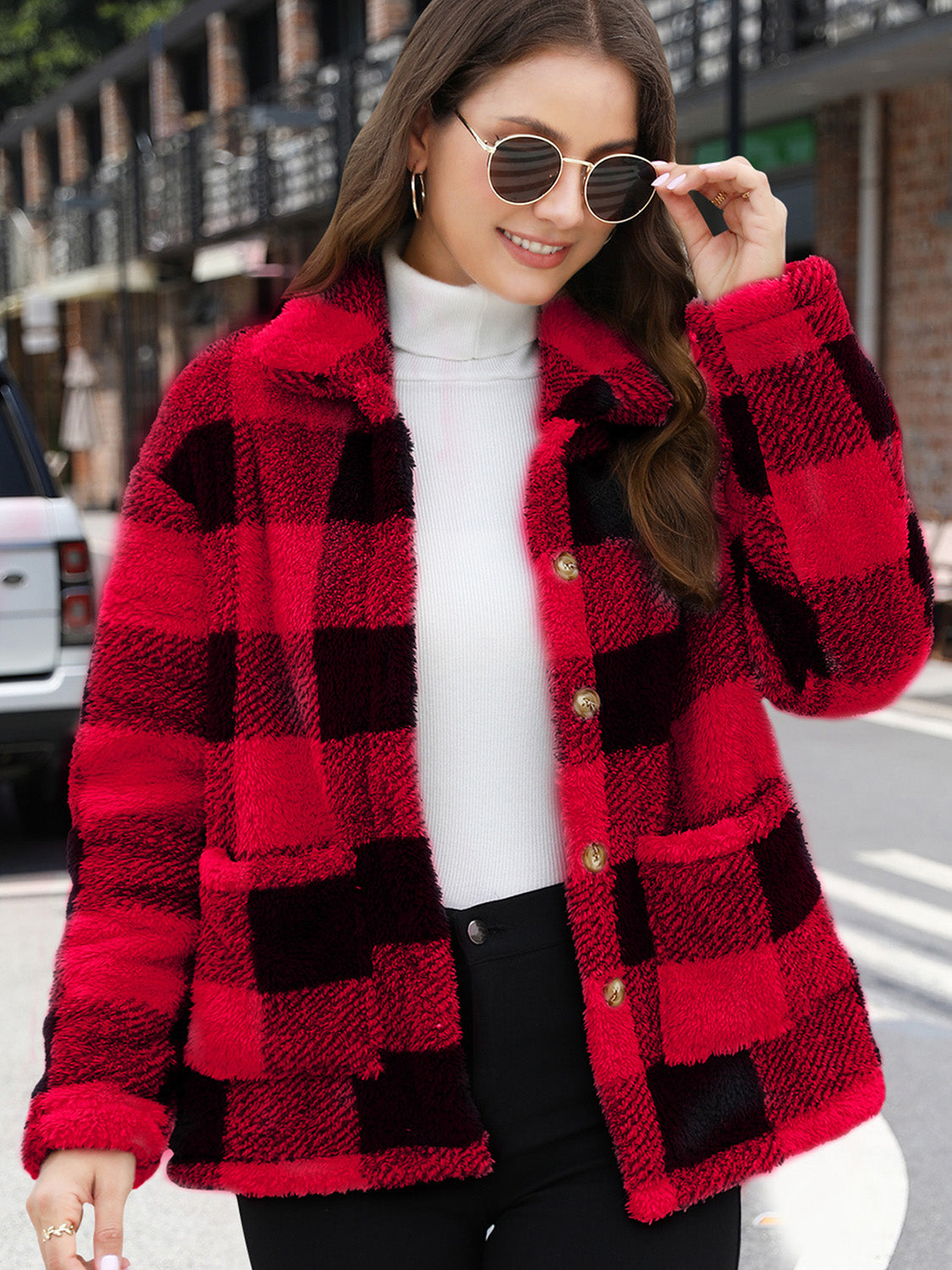 Button Up Drop Shoulder Fuzzy Jacket - Charming Charlie
